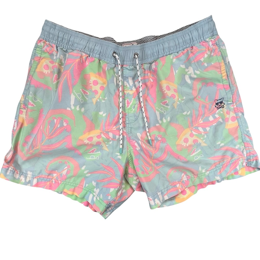 Party Pants Mens Swim Trunks Blue Dinosaur Pizza Graphic‎ Beach Shorts XL